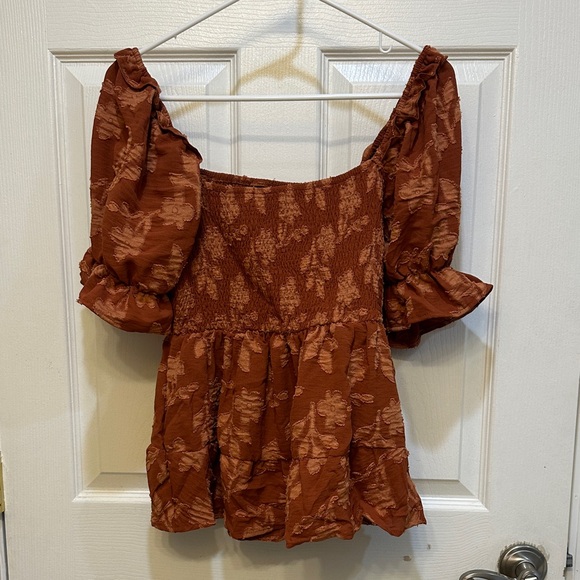 SHEIN Tops - SHEIN Rust Floral Puff Sleeve Blouse